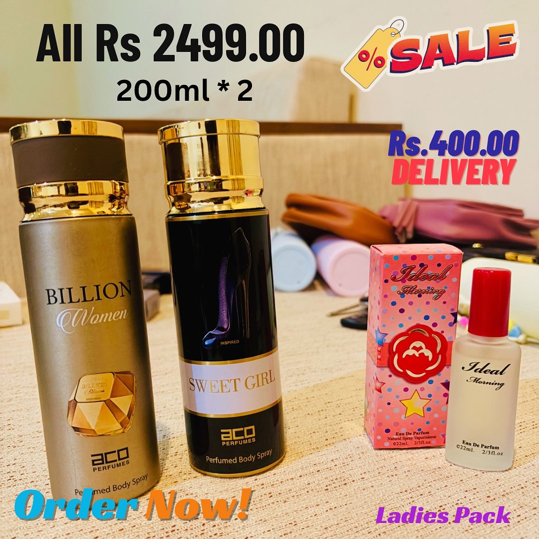 Billion Women Â· Sweet Girl + Ideal Flaming and Ideal Morning (22ml Bonus) Ladies Pack 2 x 200ml + Bonus Sri Lanka Pinky Pouch