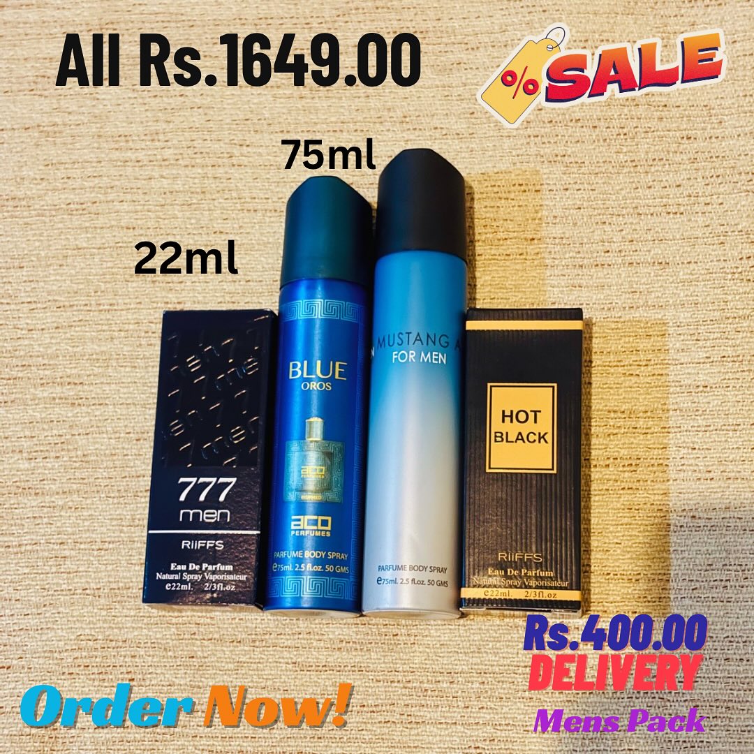 777 Men (22ml) Â· Blue Oros (75ml) Â· Mustang A For Men (75ml) Â· Hot Black (22ml) Mens Pack 22ml + 75ml Mix Sri Lanka Pinky Pouch