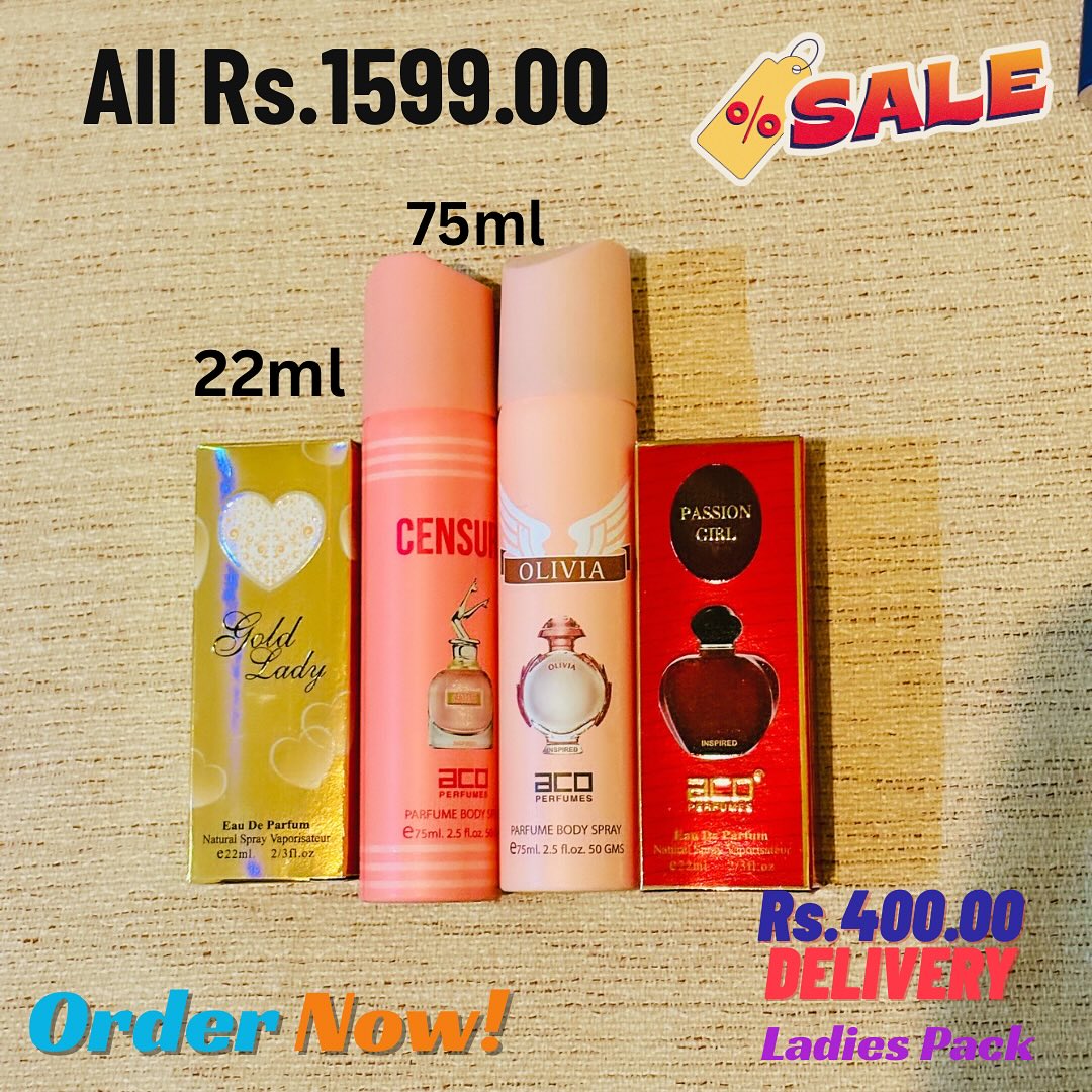 Gold Lady (22ml) Â· Censure (75ml) Â· Olivia (75ml) Â· Passion Girl (22ml) Ladies Pack 22ml + 75ml Mix Sri Lanka Pinky Pouch